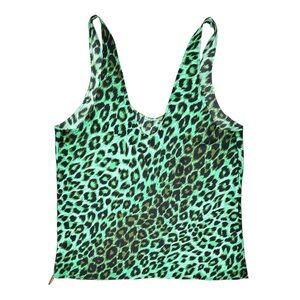 La Prestic Ouiston Green Black Leopard Print Sleeveless Loose Fit Silk Tank Top